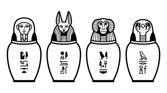 Four Egyptian Canopic Jars with Hieroglyphs.