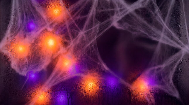 Spooky spider web over glowing orange and purple lights on misty wet window glass