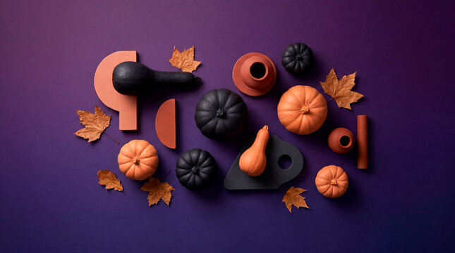 Modern Halloween flat lay with black and orange pumpkins gourds on purple background