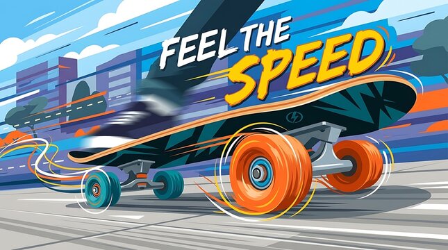 Flat illustration of skateboard wheels in motion, text &ldquo;Feel the Speed&rdquo;