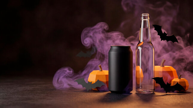 Blank black can and glass bottle mockup with pumpkins and bats in Halloween smoke