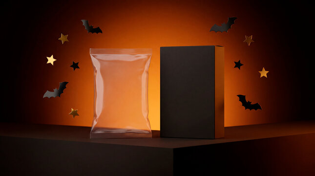 Blank snack pouch and box packaging mockup with bats and stars on Halloween orange