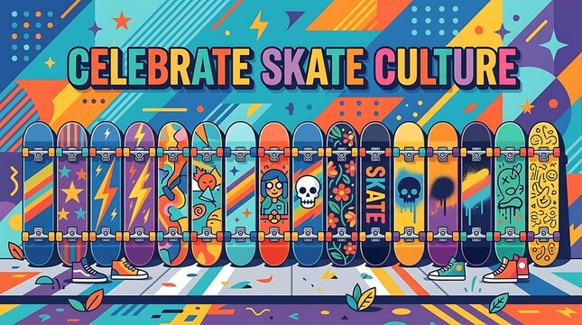 "Celebrate Skate Culture" is written on a flat vector with a row of vibrant skateboards