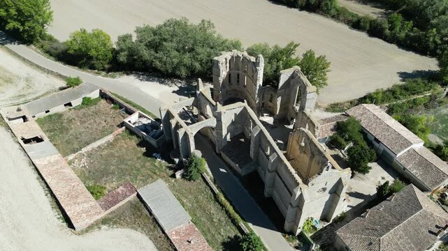 A drone shot of Ruins of Monastery of San Anton seen from above along Camino de Santiago in Spain