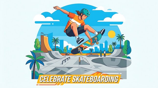 "Celebrate Skateboarding" is written on a flat vector of a skateboarder performing a mid-air trick