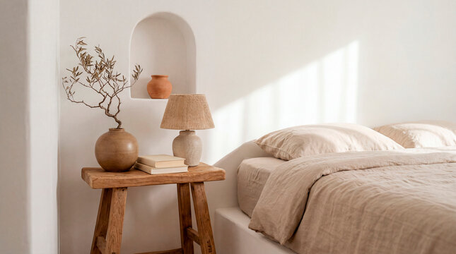Serene bedroom nightstand detail with rustic vases lamp and wall niche