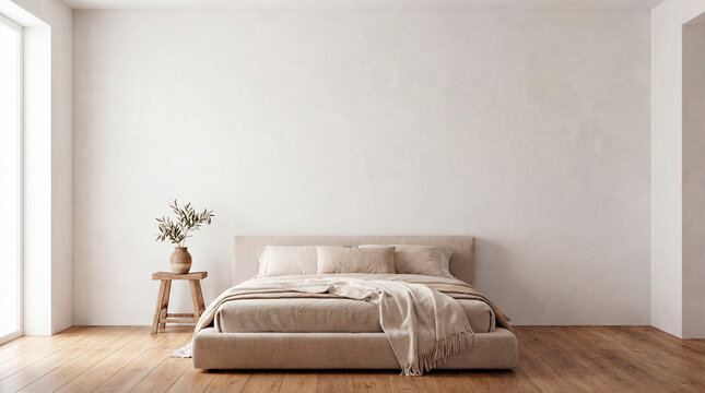Minimalist beige bedroom with upholstered bed and empty wall for copy space