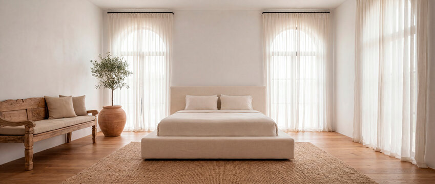 Symmetrical serene bedroom with arched windows linen bed and olive tree