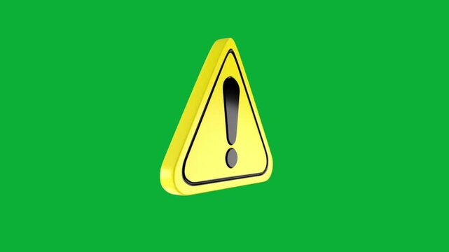 3D Warning Sign Exclamation Mark Rotating on Green Screen Chroma Key Loop Animation, Attention Alert Caution Hazard Icon Graphics