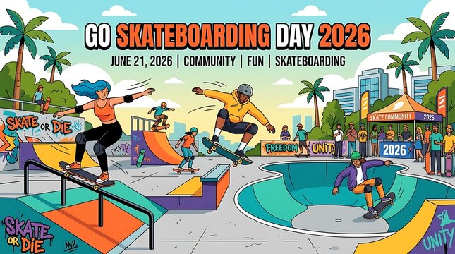 "Go Skateboarding Day 2026" is the bold headline of this contemporary flat artwork of skaters at a skatepark