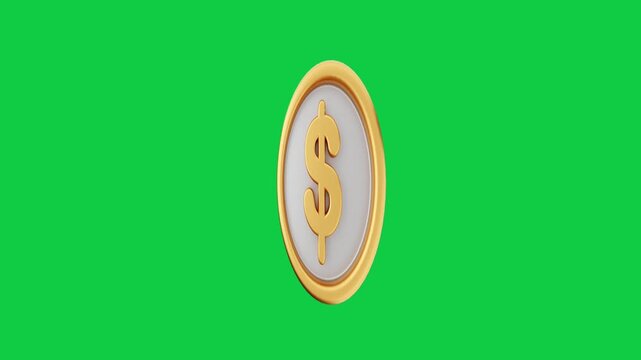 3D Two-Tone Silver and Gold Dollar Coin on Green Screen. Premium 3D bi-metallic silver and gold dollar coin asset animating on green screen background for modern banking video.