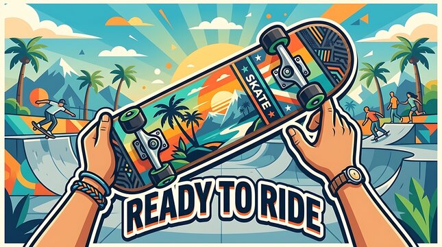 "Ready to Ride" is written in vector hands clutching a skateboard