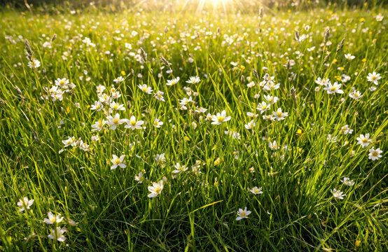 Radiant white pentecostal flowers blooming in a lush sunlit spring meadow field