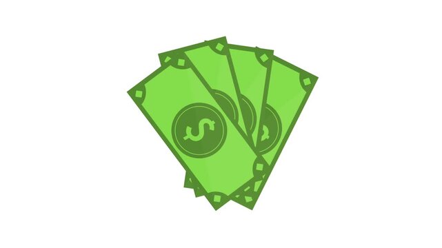 Fanned Dollar Bills Animation on White Background. High quality fanned green dollar bills icon design moving on white background perfectly tailored for finance wealth concepts.