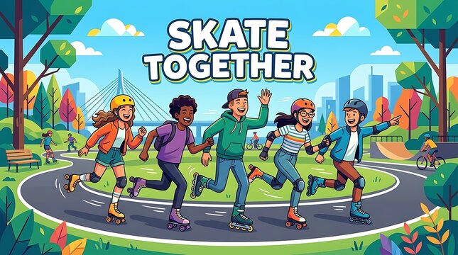 Vector illustration of friends skating together, bold text &ldquo;Skate Together&rdquo;