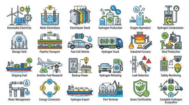 Collection of Icons Representing Renewable Energy and Sustainable Technologies