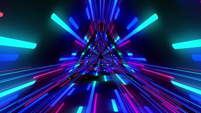 A futuristic tunnel filled with vibrant neon lights in shades of blue and pink, creating an illusion of endless depth and motion. The lights form geometric patterns that captivate the viewer.