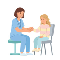 Fototapeta premium A caring female nurse in blue scrubs sits on a stool while gently holding a young girl's hand during a routine medical consultation.