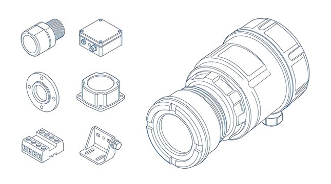 Technical isometric line illustrations of industrial electrical components and sensors on white background