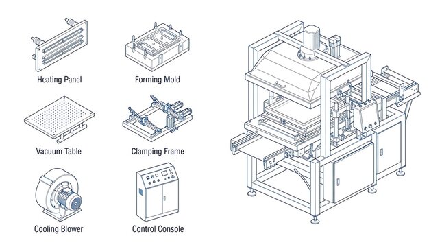 Industrial vacuum forming machine components diagram with detailed technical line art illustrations