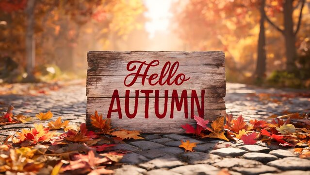 Wooden sign reading hello autumn on cobblestone path
