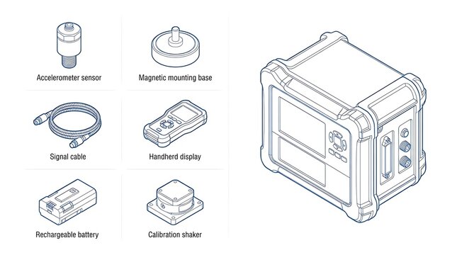 Vibration analysis equipment set with sensor and handheld display in isometric technical line art style