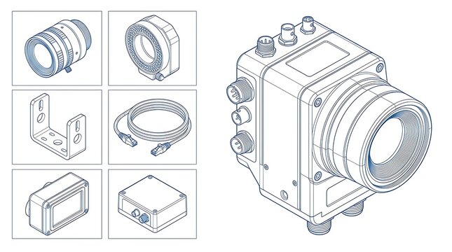 Industrial machine vision camera system components illustrated in a detailed isometric technical diagram