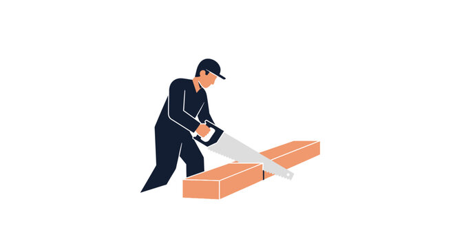 Carpenter sawing wood planks with hand saw, construction worker concept, flat design