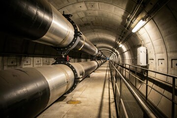 Fototapeta premium Large Industrial Pipes in a Long Concrete Underground Tunnel