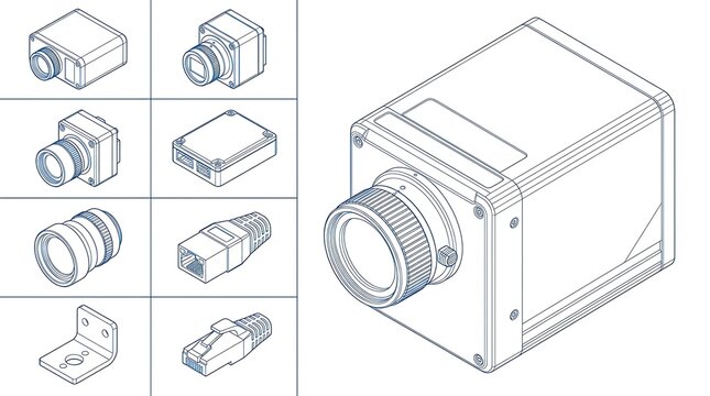 Industrial machine vision camera and hardware components set in detailed isometric line art style