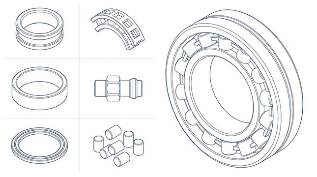 Technical blueprint illustration of industrial ball bearings