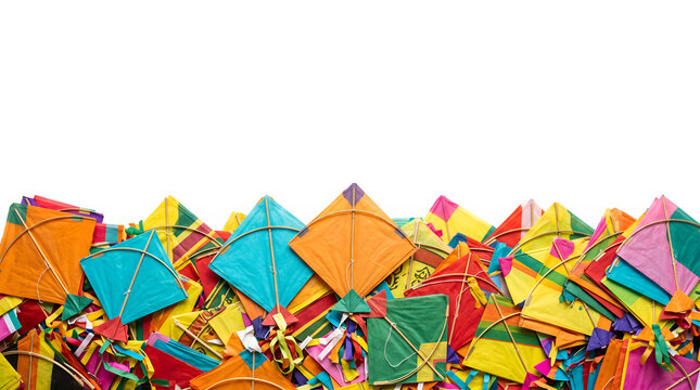 pile Colorful paper kites on bottom border Makar Sankranti festival Concept  flat lay transparent background 