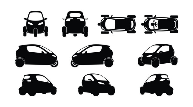Futuristic Pod Microcar Silhouette Blueprint Bundle, Isolated EV Concept Three Wheeled Electric Vehicle Vector Elements with Front Rear Side and Top Views