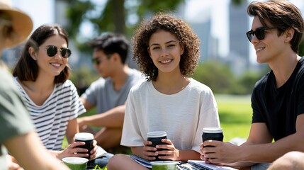 Obraz premium Young friends enjoying coffee together outdoors in a park