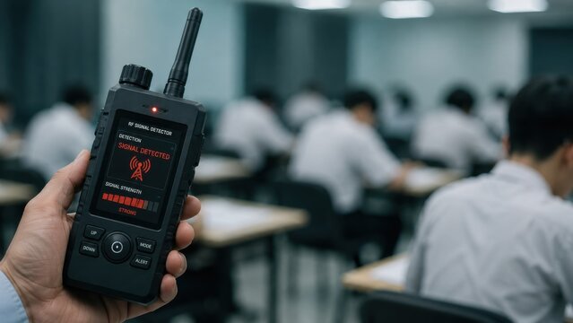AI Cheating Exam RF Signal Detector Scanning Classroom During Test Anti-Cheating Device Wireless Signal Detection Academic Integrity Exam Security Proctoring Technology Education Conceptual Editorial