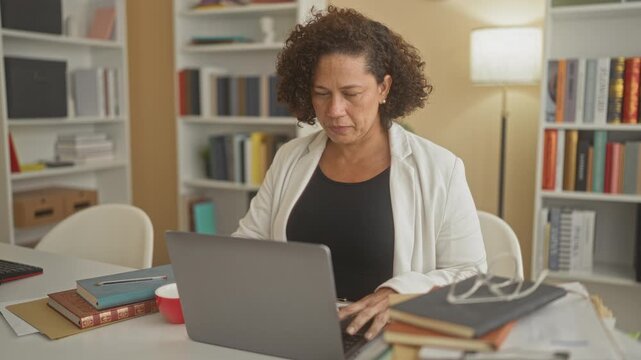 Middle age latin woman smiling with hands on laptop at a booklined studio desk surrounded by stacked books and reading glasses; contentment focus productivity.