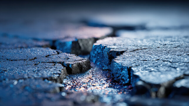 Cracked asphalt road with hyper texture detail and blue lighting creating dramatic and rough surface effect