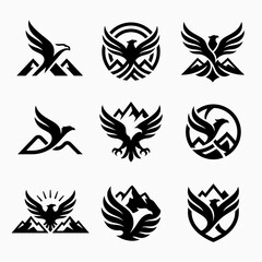 Naklejka premium Bird Logos With Mountains And Sun.