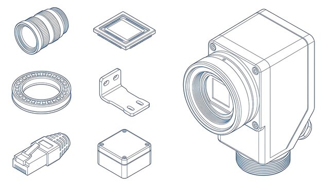 Industrial machine vision camera system components and accessories in isometric line art style illustration