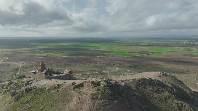 Aerial view of Khor Virap monastery under a cloudy sky, Armenia