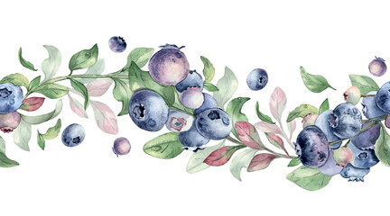 Blueberry on seamless border painted with watercolor isolated. Surface pattern of blue forest berry with lush foliage. Botanical repeat illustration of summer fruit for invitation or textile design. © Ekaterina Lanbina