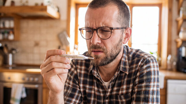 Man Checking Body Temperature With Thermometer at Home