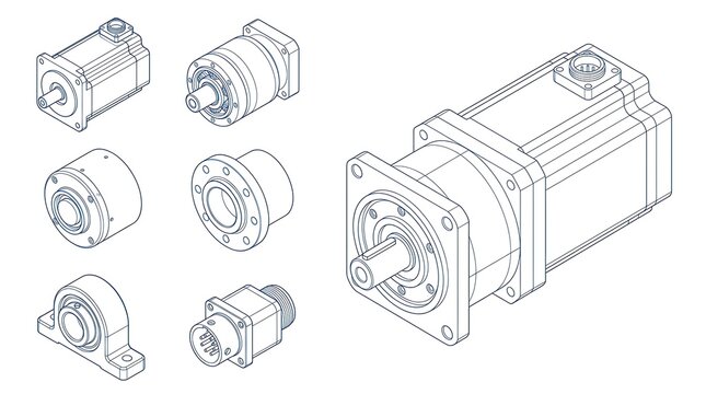Industrial servo motor and mechanical gearbox components technical outline illustration set