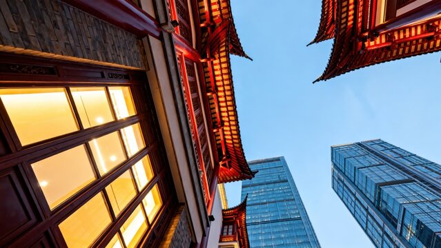 Traditional and modern buildings under blue sky