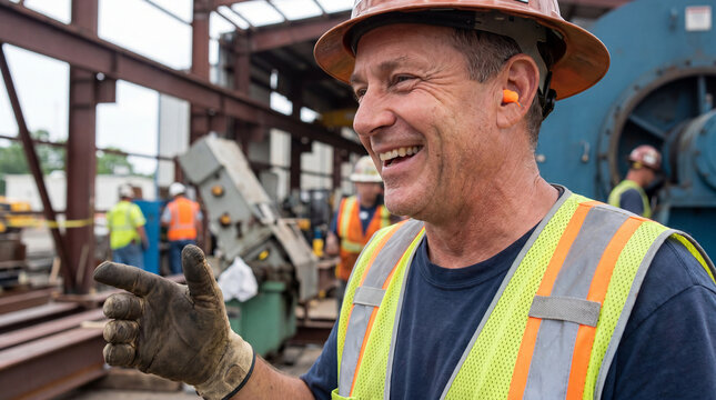 Smiling Construction Worker Wearing Safety Gear on Job Site