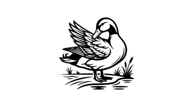 A duck standing in water preening feathers.