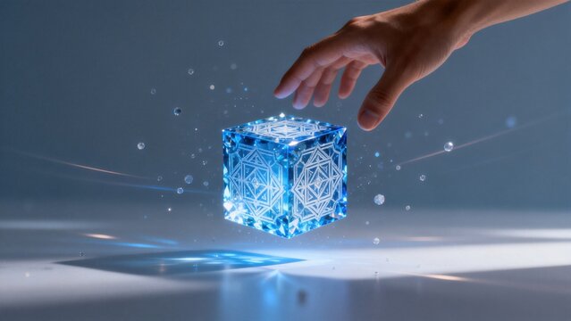 Hand reaching for glowing blue cube