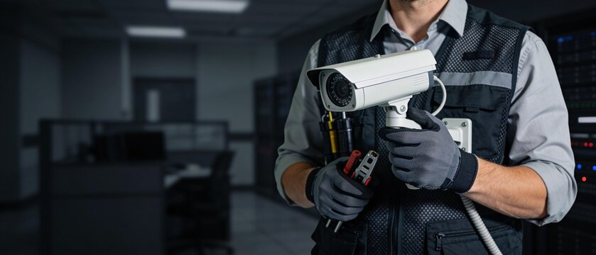 Professional Security Technician Installing Modern Surveillance Camera Systems for Data Center Infrastructure Protection and Monitoring