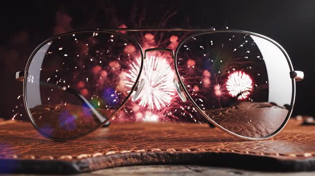 Aviator sunglasses reflecting fireworks on leather surface. Night celebration scene viewed through glass lens. Optical accessory and pyrotechnic display concept