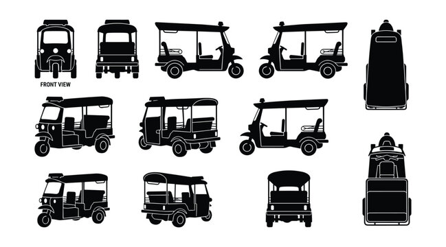 Classic Open Air Auto Rickshaw Silhouette Blueprint Bundle, Isolated Thailand Tuk Tuk Passenger Taxi Vector Elements with Front Rear Side and Top Views